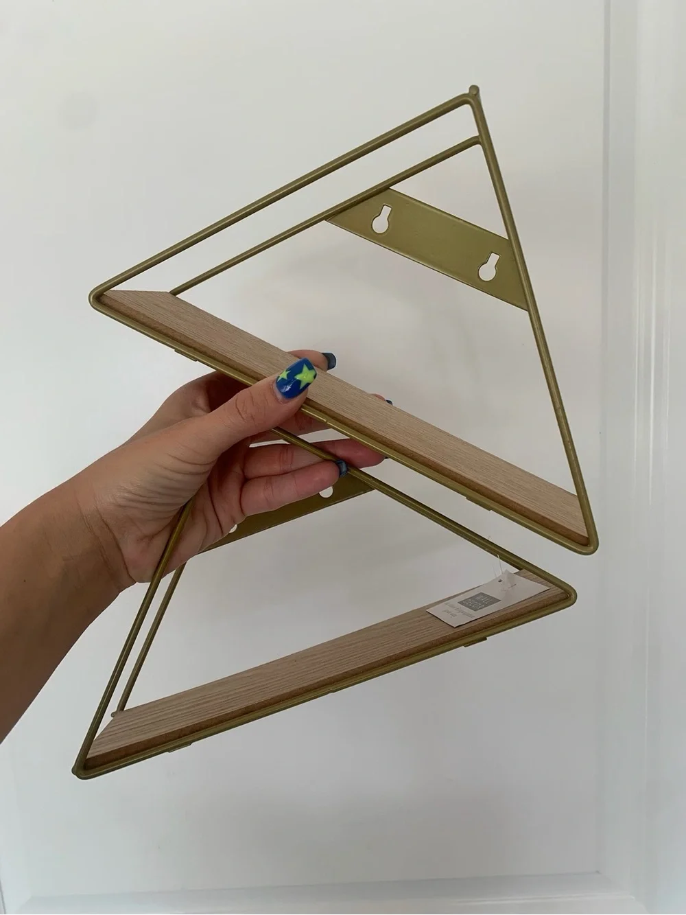 Set of 2 Small Geometric Triangle Wall Shelves - Gold Frame with Wood Planks New